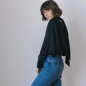 NWOT Topshop Black Asymmetrical blouse with Cape style back - small